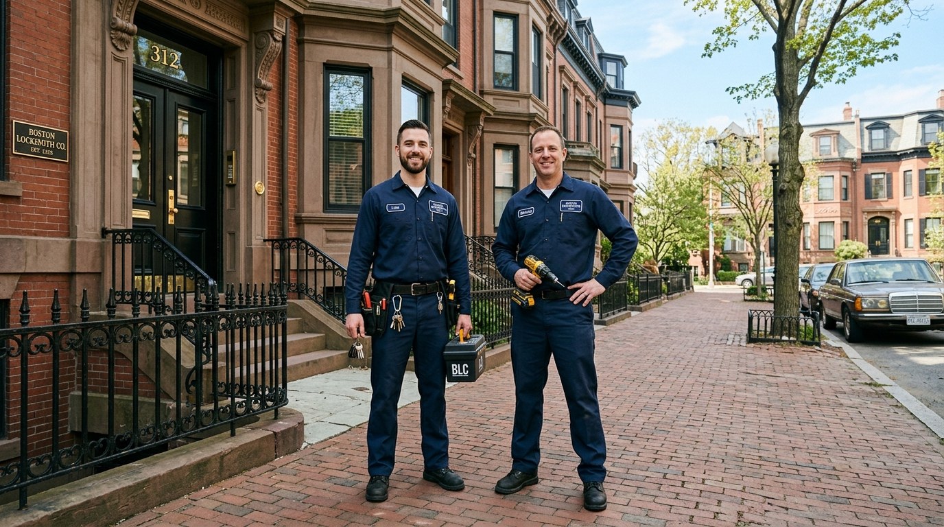 Professional locksmith at Boston Seaport commercial office building inspecting door hardware