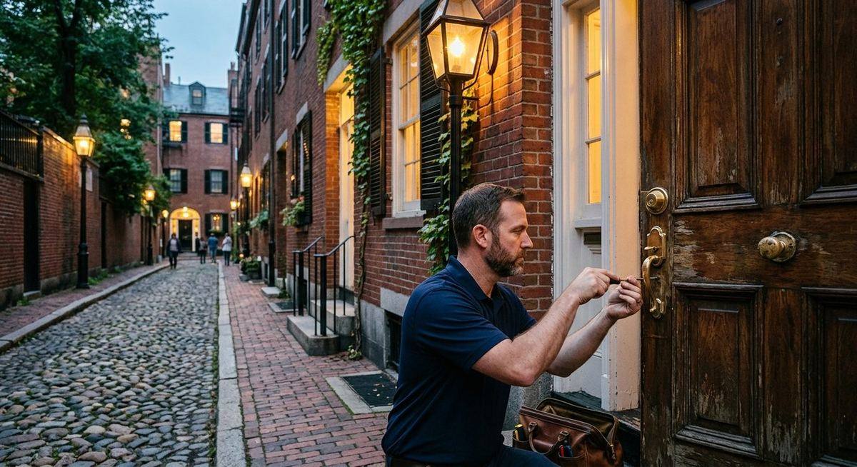 Locksmith technician installing a deadbolt on a historic Boston Beacon Hill brownstone door at dusk