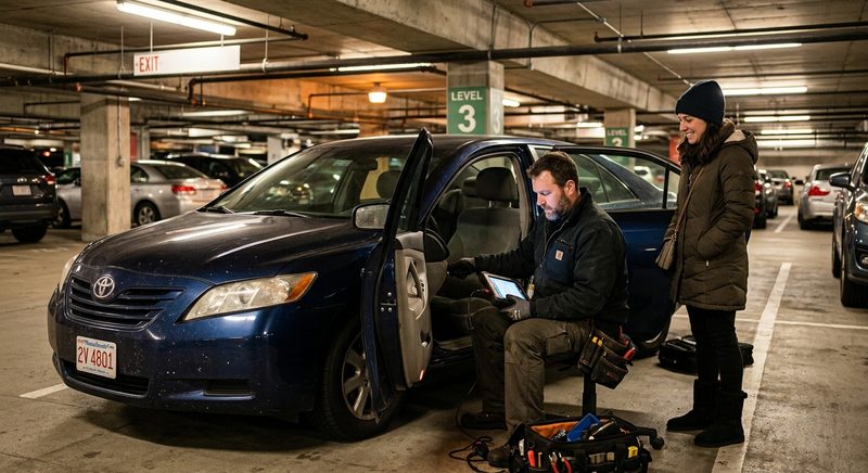 Automotive locksmith with key programmer next to a sedan in Boston parking garage
