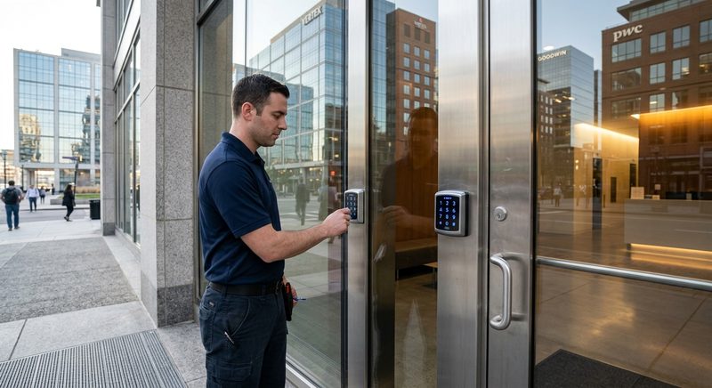 Commercial access control keypad installation at a Boston Seaport office building