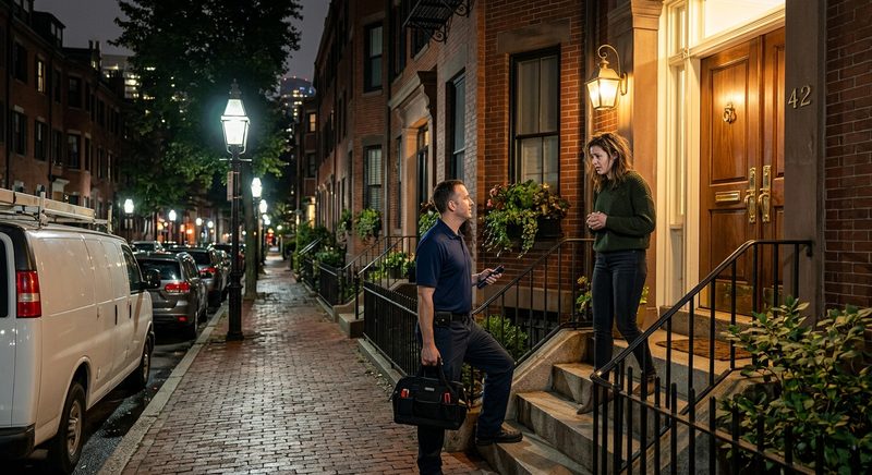 Emergency lockout response - locksmith arriving at Boston brownstone at night