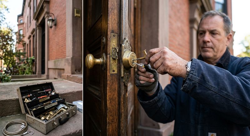 Locksmith working on a brass residential deadbolt at a Boston home