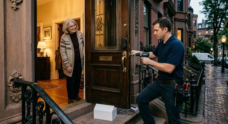 Smart keypad deadbolt installed on a Boston brownstone front door, homeowner approving